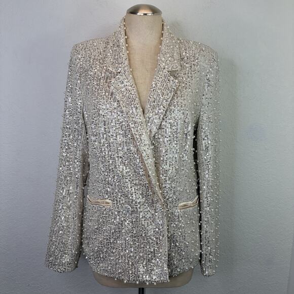 Mable Jackets & Blazers - Mable Sequined Faux Pearl Beaded Champagne Blazer Lined Size S, shiny, party